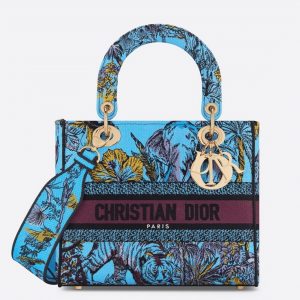 Fausse Sac Lady D-Lite Medium en broderie Toile de Jouy Voyage multicolore