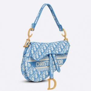 Fausse Sac Saddle Dior en broderie Oblique bleu bleuet