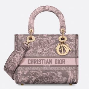 Contrefaçon Sac Lady D-Lite Medium en broderie Toile de Jouy inversée rose et grise