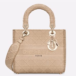 Contrefaçon Sac Lady D-Lite Medium en toile Cannage beige brodée