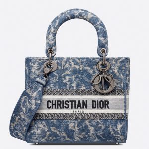 Réplique Sac Lady D-Lite Medium en broderie effet denim Brocart bleu