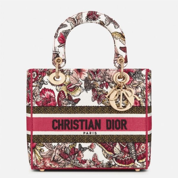 Fausse Sac Lady D-Lite Medium en broderie papillon multicolore