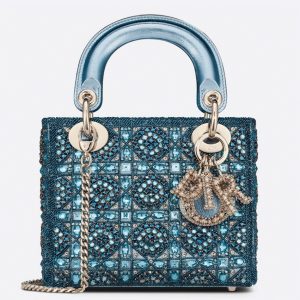 Réplique Mini Sac Lady Dior avec chaîne en satin brodé perles bleues
