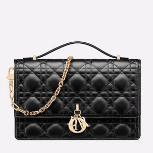 Fausse Sac Miss Dior à poignée en agneau cannage noir