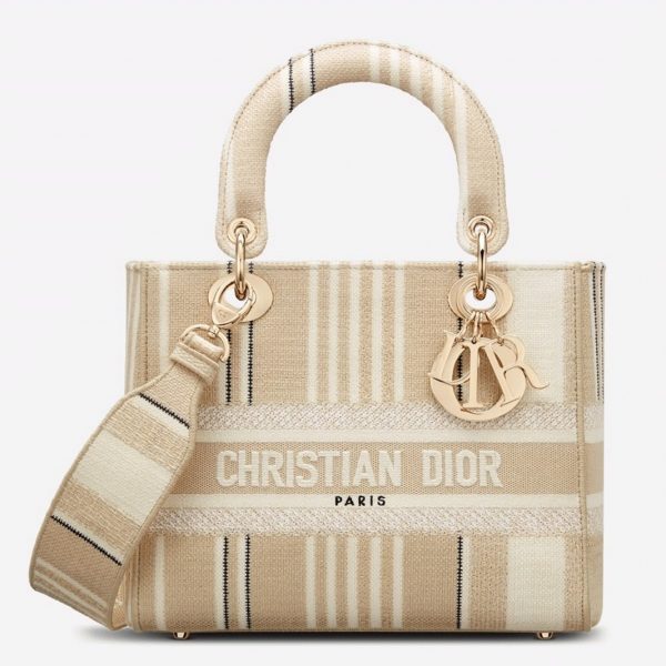 Contrefaçon Sac Lady D-Lite Medium en broderie rayures beige