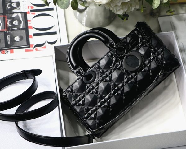 Réplique Sac Lady D-Joy Medium en veau noir avec motif diamant – Image 2