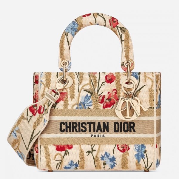 Réplique Sac Lady D-Lite Medium en broderie métallique Hibiscus