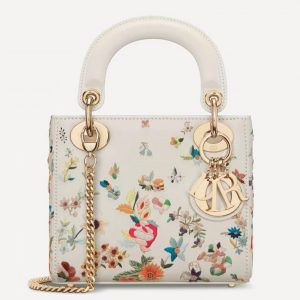 Contrefaçon Mini Sac Lady Dior en veau blanc avec petites fleurs multicolores