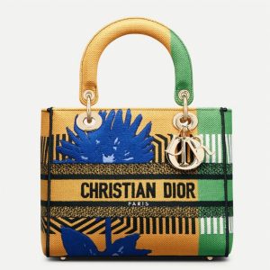 Fausse Sac Lady D-Lite Medium en broderie D-Flower Pop jaune et vert