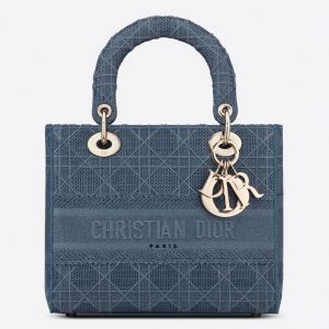 Fausse Sac Lady D-Lite Medium en toile Cannage bleue brodée