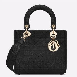 Réplique Sac Lady D-Lite Medium en toile Cannage noire brodée