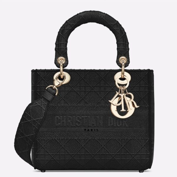 Réplique Sac Lady D-Lite Medium en toile Cannage noire brodée