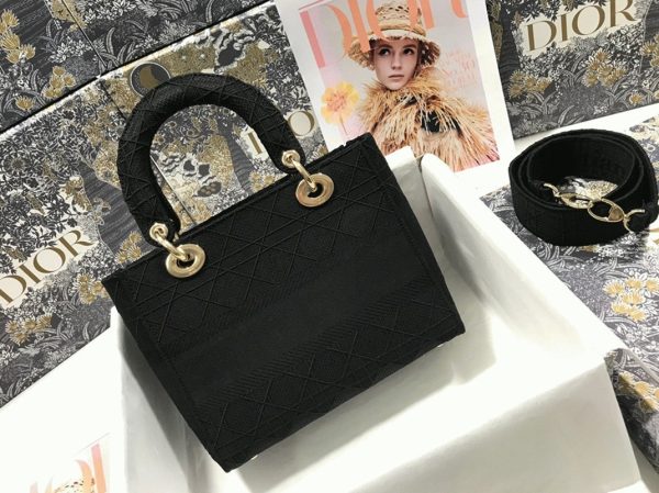 Réplique Sac Lady D-Lite Medium en toile Cannage noire brodée – Image 2