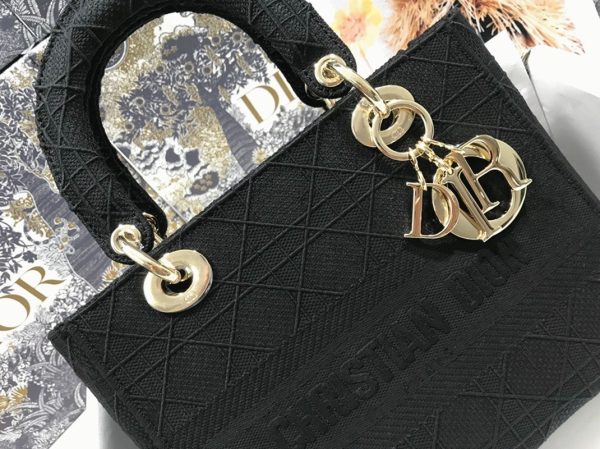 Réplique Sac Lady D-Lite Medium en toile Cannage noire brodée – Image 6