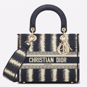 Imitation Sac Lady D-Lite Medium en broderie rayures bleues