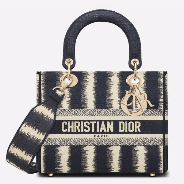 Imitation Sac Lady D-Lite Medium en broderie rayures bleues