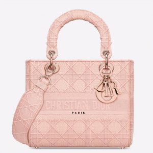 Imitation Sac Lady D-Lite Medium en toile Cannage rose brodée