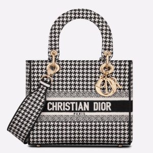 Réplique Sac Lady D-Lite Medium en broderie Pied-de-poule noire et blanche