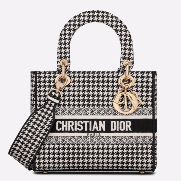 Réplique Sac Lady D-Lite Medium en broderie Pied-de-poule noire et blanche