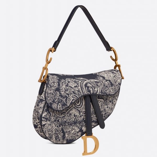 Contrefaçon Sac Saddle Dior en jacquard inversé Toile de Jouy bleue