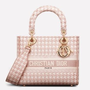Contrefaçon Sac Lady D-Lite Medium en broderie Pied-de-poule rose et blanche