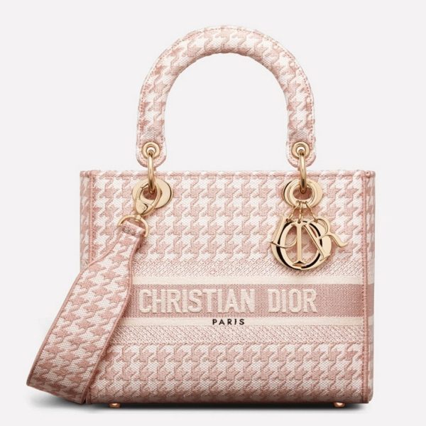 Contrefaçon Sac Lady D-Lite Medium en broderie Pied-de-poule rose et blanche