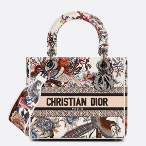Imitation Sac Lady D-Lite Medium en broderie Jardin d’Hiver blanche