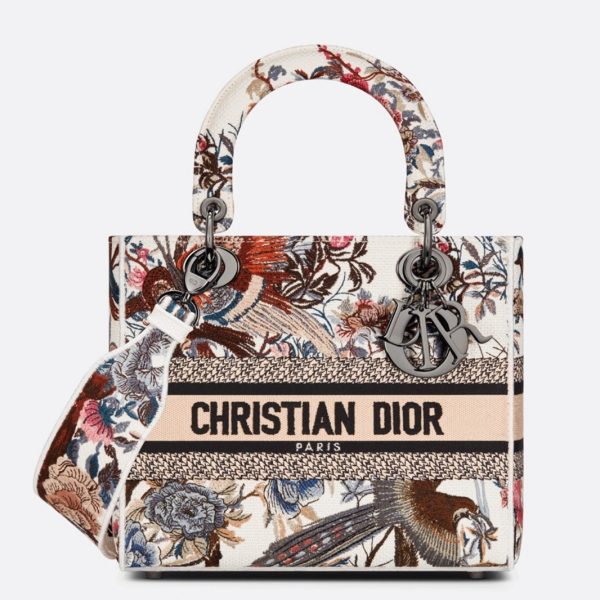 Imitation Sac Lady D-Lite Medium en broderie Jardin d’Hiver blanche