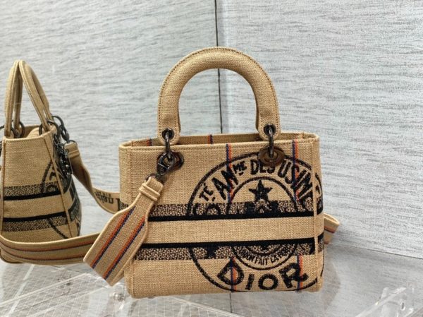 Fausse Sac Lady D-Lite Medium en toile de jute beige motif Union Dior – Image 2