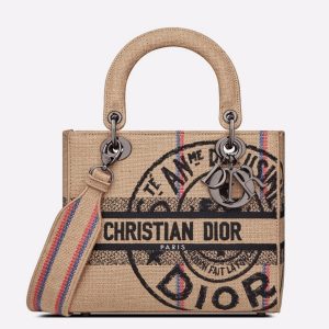 Fausse Sac Lady D-Lite Medium en toile de jute beige motif Union Dior