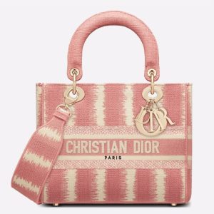 Réplique Sac Lady D-Lite Medium en broderie rayures roses