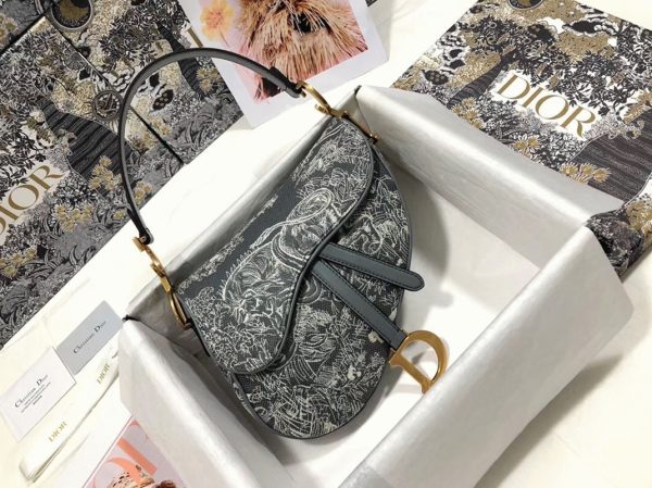Faux Sac Saddle Dior en jacquard inversé Toile de Jouy grise – Image 6