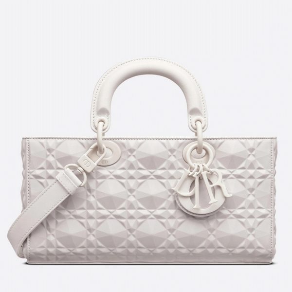 Contrefaçon Sac Lady D-Joy Medium en veau blanc avec motif diamant