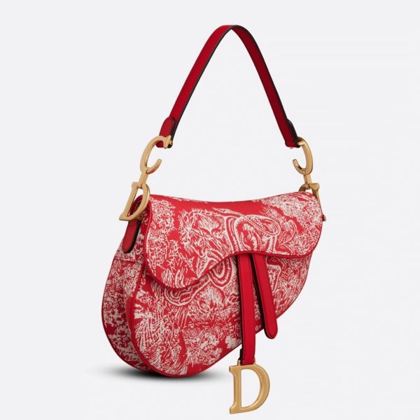 Imitation Sac Saddle Dior en jacquard inversé Toile de Jouy rouge
