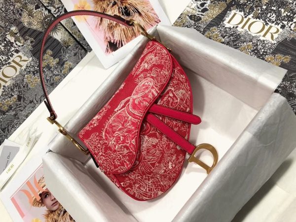 Imitation Sac Saddle Dior en jacquard inversé Toile de Jouy rouge – Image 4