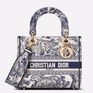 Contrefaçon Sac Lady D-Lite Medium en broderie Toile de Jouy bleue