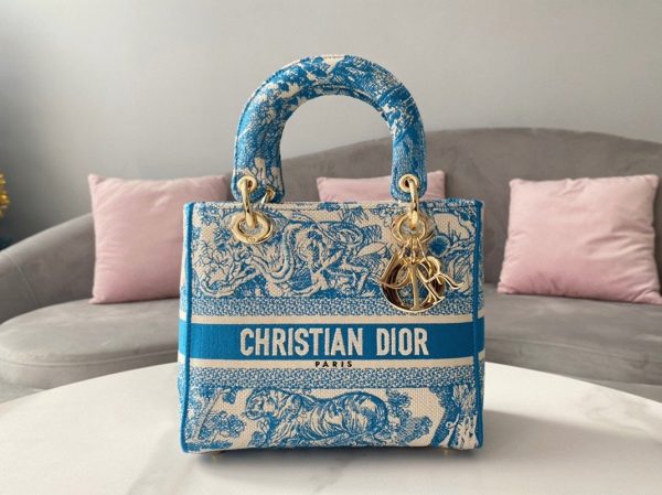 Réplique Sac Lady D-Lite Medium en toile Toile de Jouy bleue – Image 6