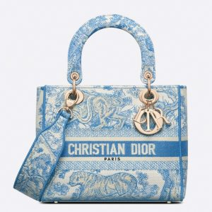 Réplique Sac Lady D-Lite Medium en toile Toile de Jouy bleue