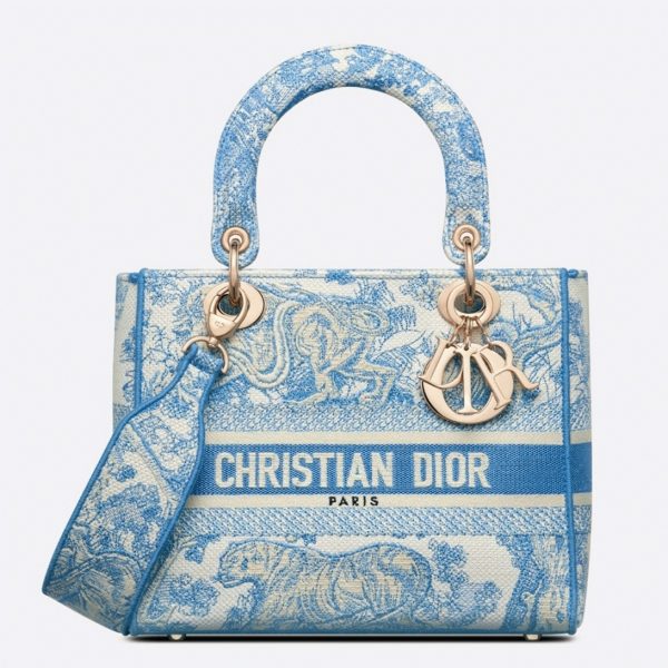 Réplique Sac Lady D-Lite Medium en toile Toile de Jouy bleue