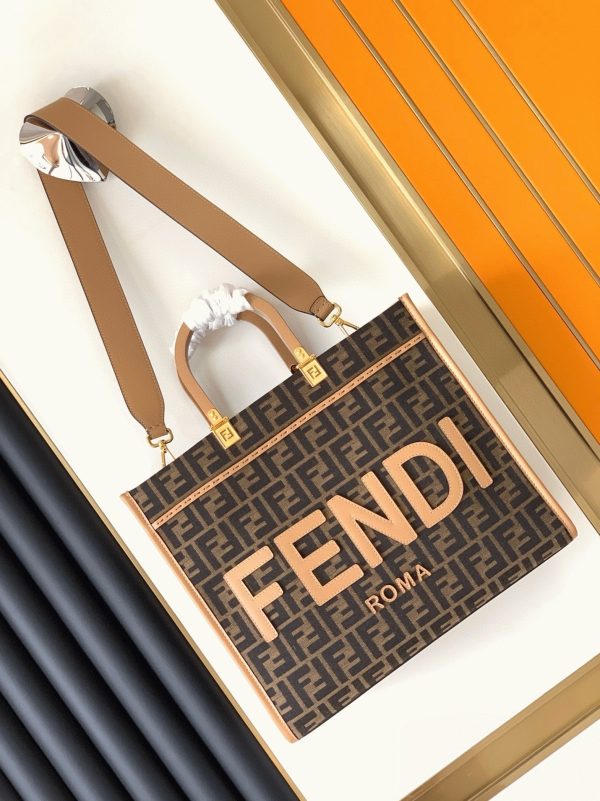 Contrefaçon Fendi Sunshine Moyen Sac Cabas en tissu jacquard brun FF – Image 7