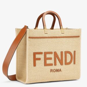 Fausse Fendi Sunshine Moyen Sac Cabas en paille naturelle