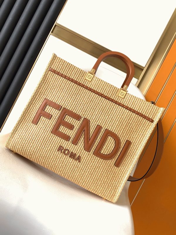 Fausse Fendi Sunshine Moyen Sac Cabas en paille naturelle – Image 5