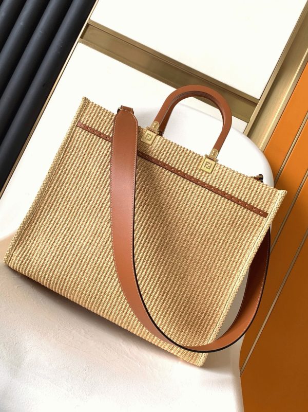 Fausse Fendi Sunshine Moyen Sac Cabas en paille naturelle – Image 10