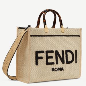 Réplique Fendi Sunshine Moyen Sac Cabas en paille naturelle et cuir noir