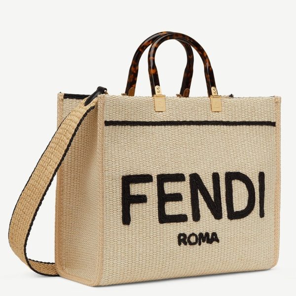 Réplique Fendi Sunshine Moyen Sac Cabas en paille naturelle et cuir noir
