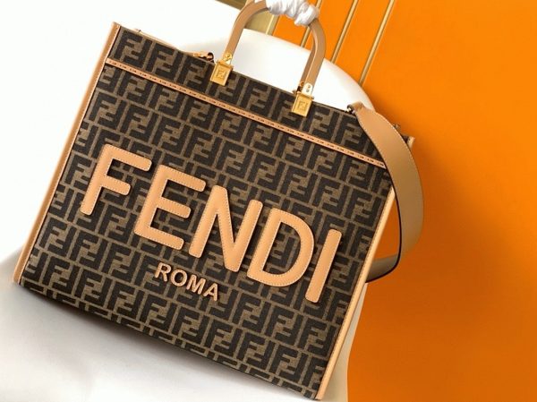 Fausse Fendi Sunshine Grand Sac Cabas en tissu jacquard brun FF – Image 10