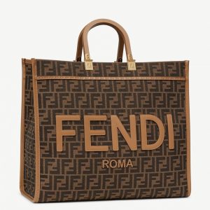 Fausse Fendi Sunshine Grand Sac Cabas en tissu jacquard brun FF
