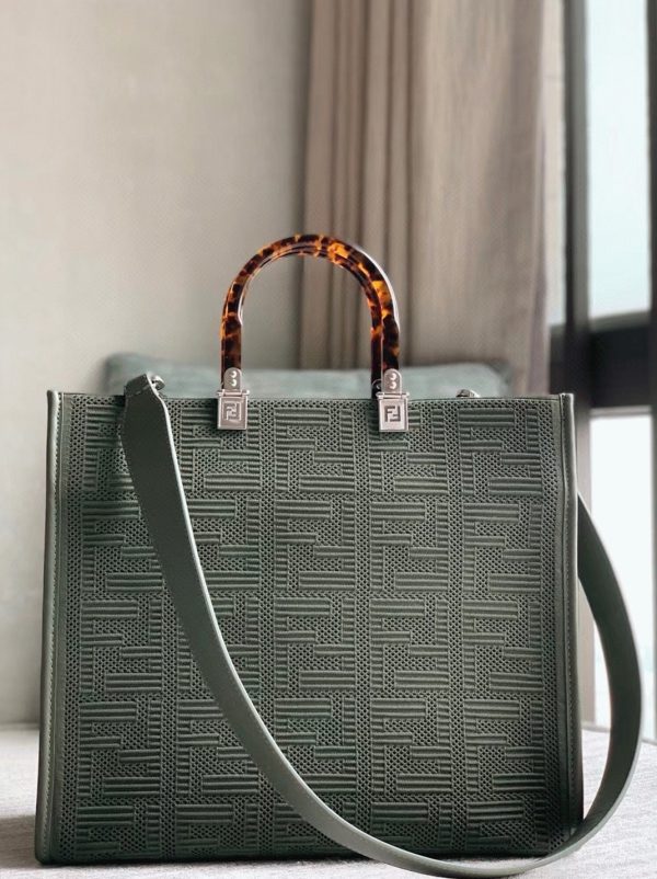 Fausse Fendi Sunshine Moyen Sac Cabas en tissu vert FF – Image 7