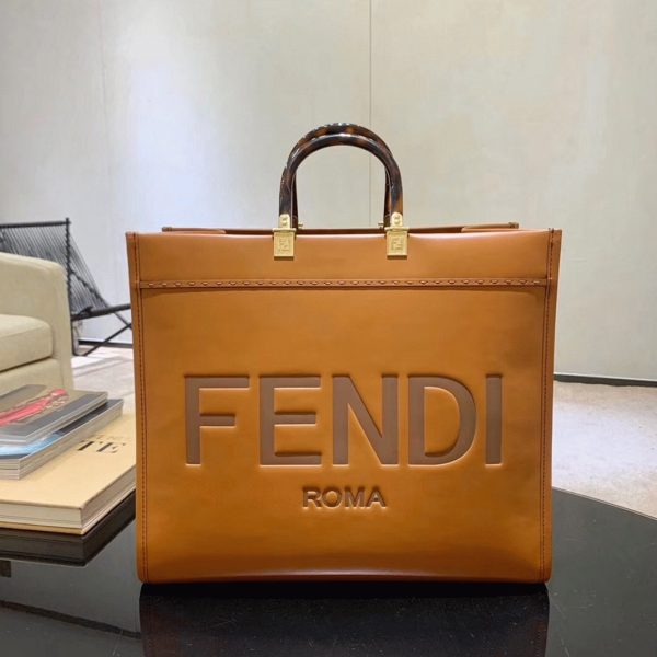 Fausse Fendi Sunshine Grand Sac Cabas en cuir de veau brun – Image 4